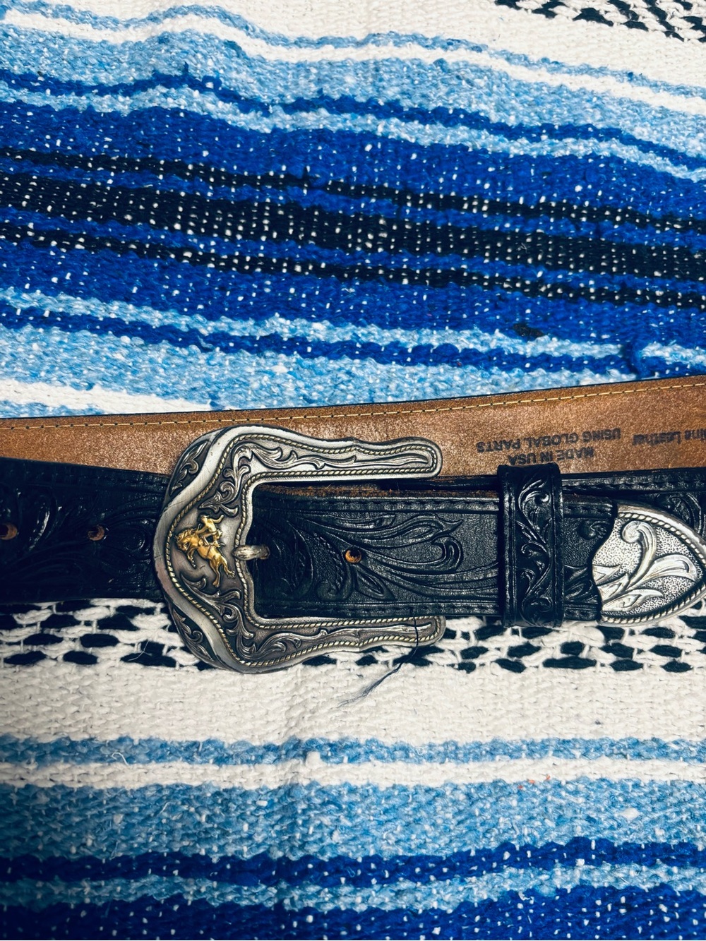 Vintage Tony Lama Western Tooled Leather Belt Ornate bucking horse buckle